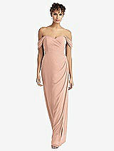Front View Thumbnail - Pale Peach Draped Off-the-Shoulder Maxi Dress with Shirred Streamer