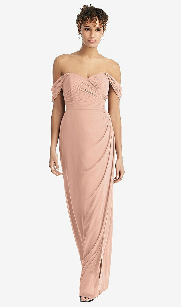 Front View - Pale Peach Draped Off-the-Shoulder Maxi Dress with Shirred Streamer