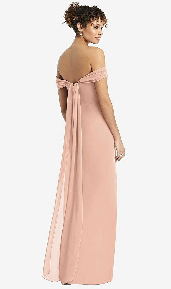 Back View - Pale Peach Draped Off-the-Shoulder Maxi Dress with Shirred Streamer