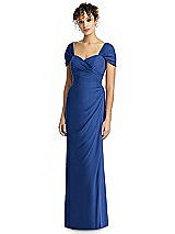 Alt View 1 Thumbnail - Classic Blue Draped Off-the-Shoulder Maxi Dress with Shirred Streamer