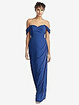 Front View Thumbnail - Classic Blue Draped Off-the-Shoulder Maxi Dress with Shirred Streamer