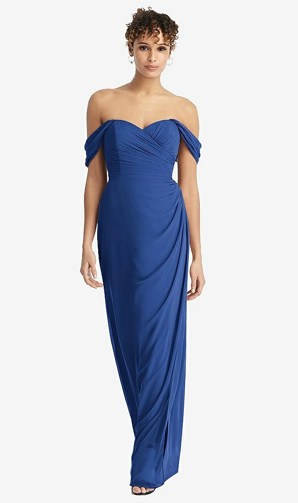 Front View - Classic Blue Draped Off-the-Shoulder Maxi Dress with Shirred Streamer