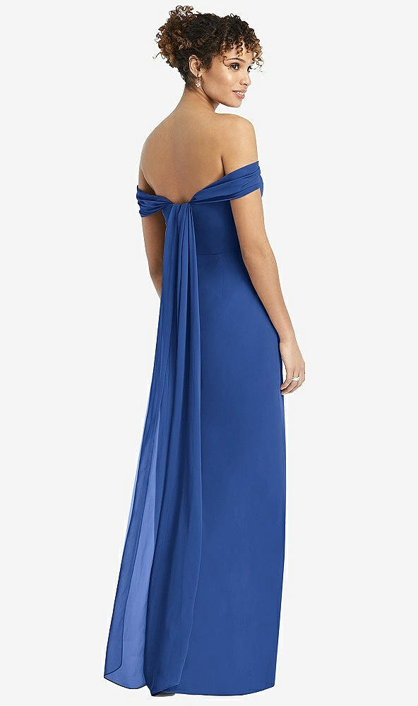 Back View - Classic Blue Draped Off-the-Shoulder Maxi Dress with Shirred Streamer