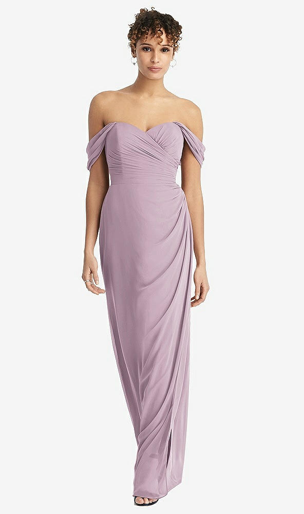 Front View - Suede Rose Draped Off-the-Shoulder Maxi Dress with Shirred Streamer