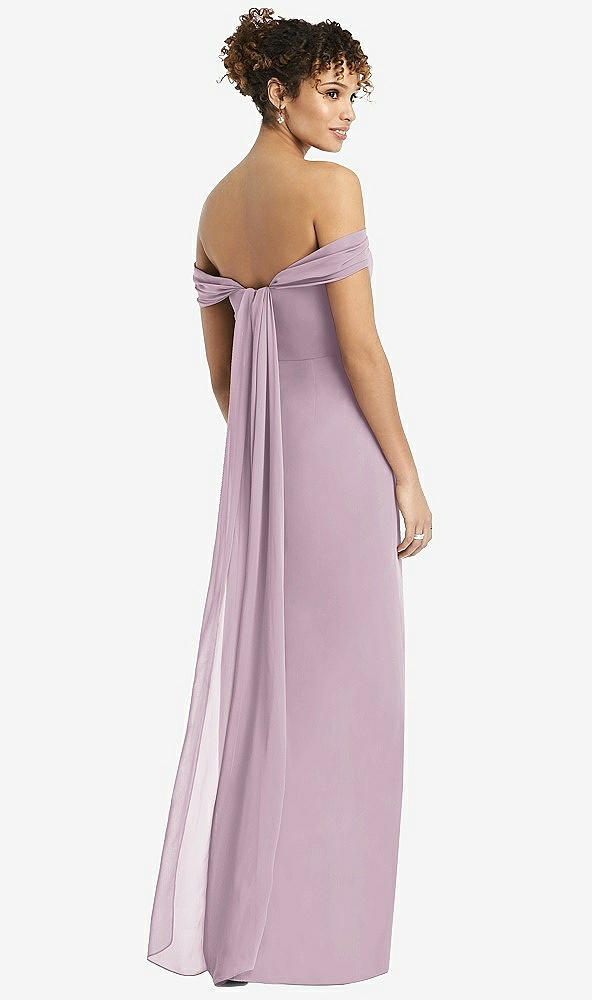 Back View - Suede Rose Draped Off-the-Shoulder Maxi Dress with Shirred Streamer