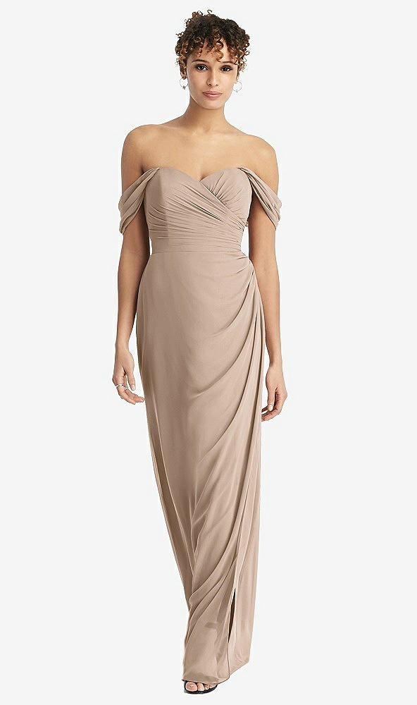 Front View - Topaz Draped Off-the-Shoulder Maxi Dress with Shirred Streamer