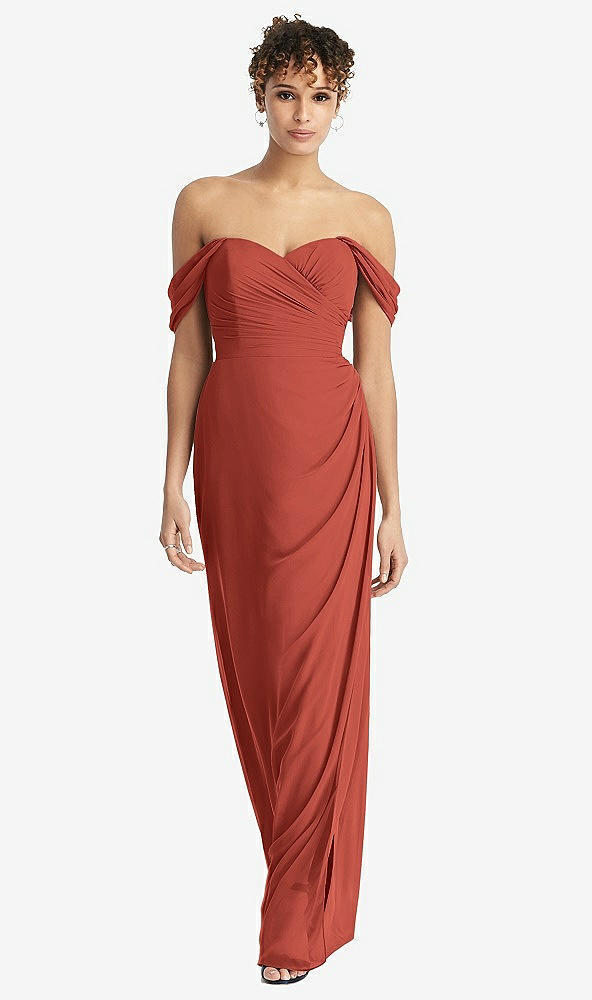 Front View - Amber Sunset Draped Off-the-Shoulder Maxi Dress with Shirred Streamer