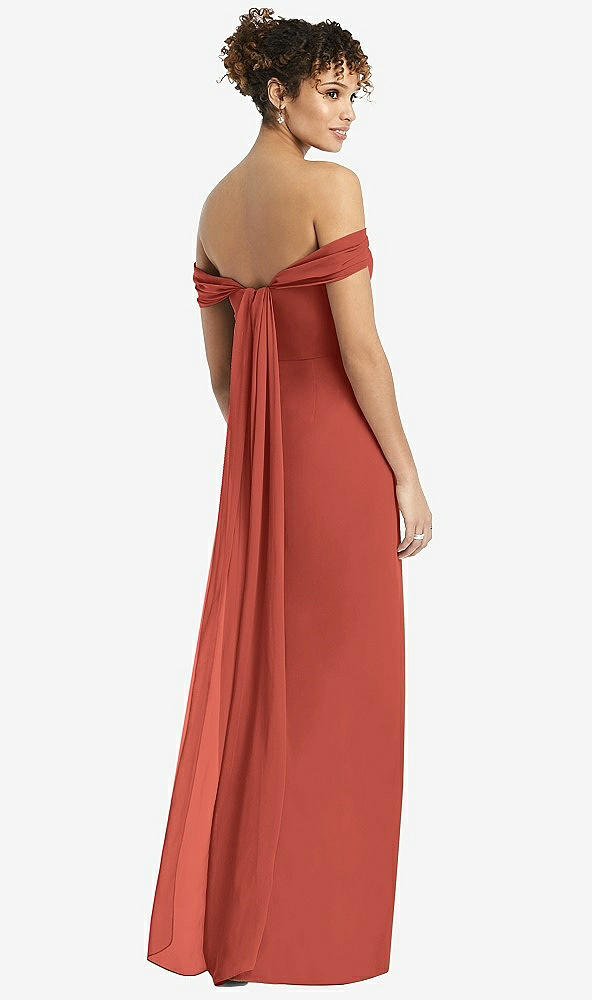 Back View - Amber Sunset Draped Off-the-Shoulder Maxi Dress with Shirred Streamer
