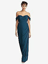 Front View Thumbnail - Atlantic Blue Draped Off-the-Shoulder Maxi Dress with Shirred Streamer