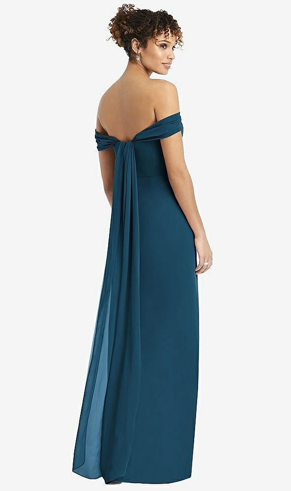 Back View - Atlantic Blue Draped Off-the-Shoulder Maxi Dress with Shirred Streamer