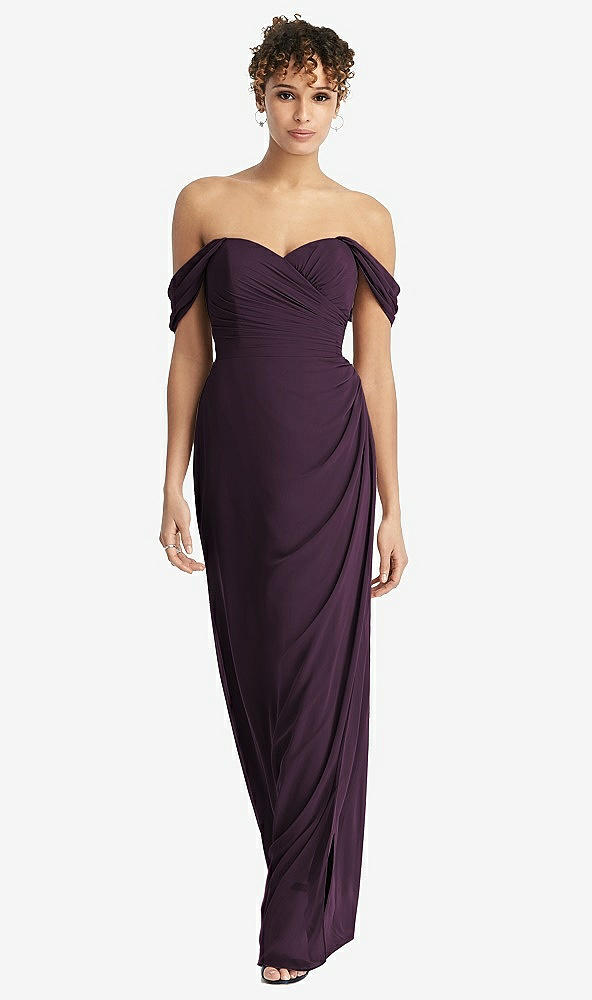 Front View - Aubergine Draped Off-the-Shoulder Maxi Dress with Shirred Streamer