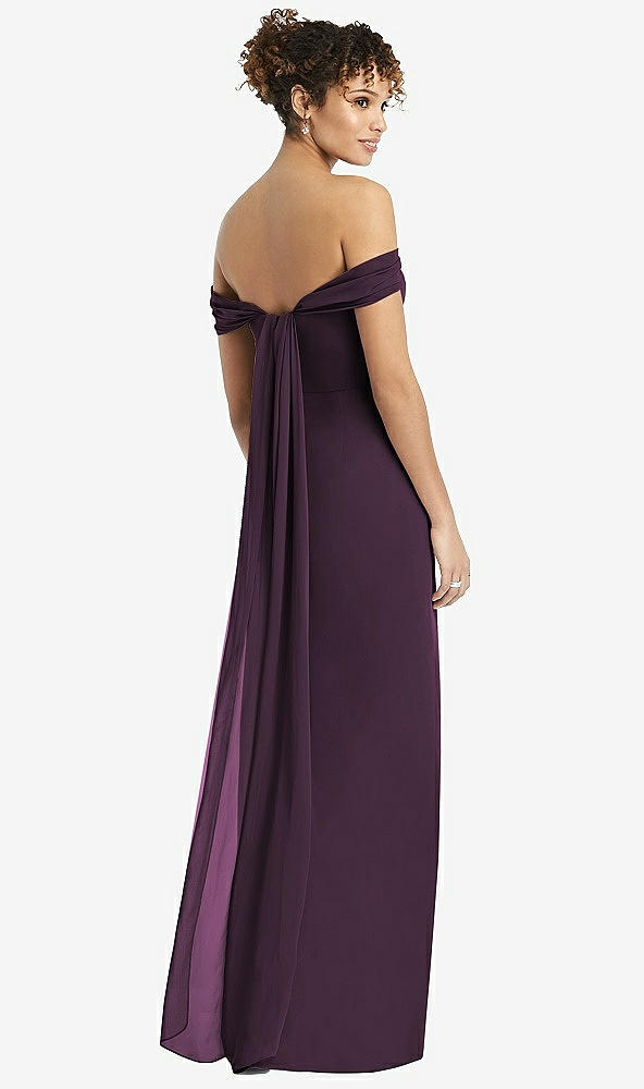 Back View - Aubergine Draped Off-the-Shoulder Maxi Dress with Shirred Streamer