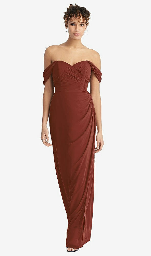 Front View - Auburn Moon Draped Off-the-Shoulder Maxi Dress with Shirred Streamer