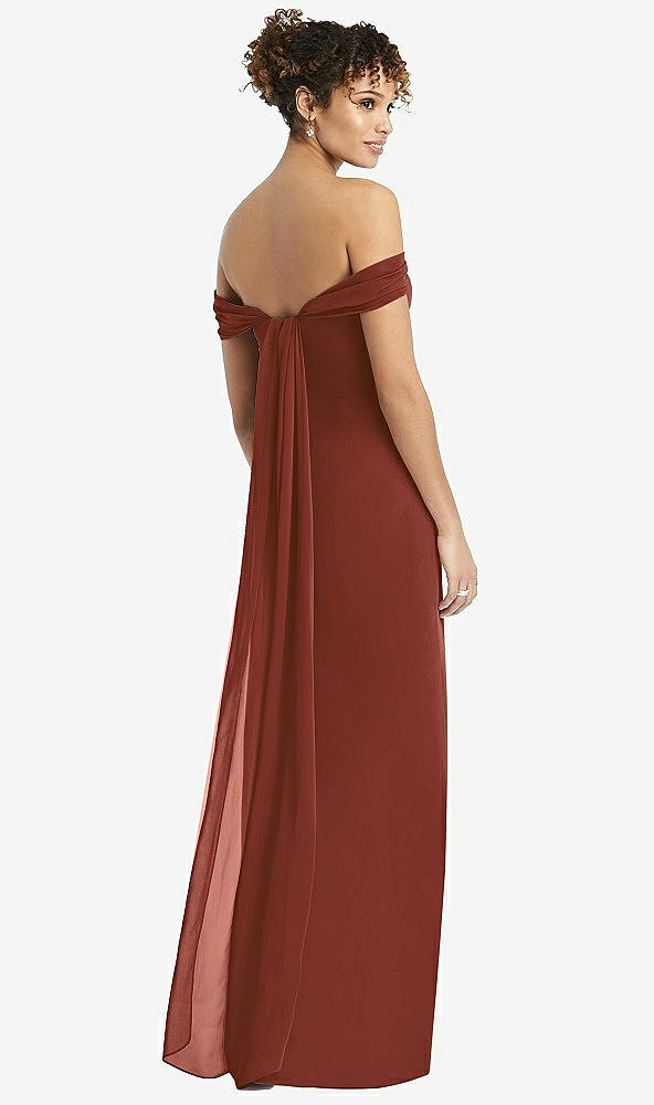 Back View - Auburn Moon Draped Off-the-Shoulder Maxi Dress with Shirred Streamer