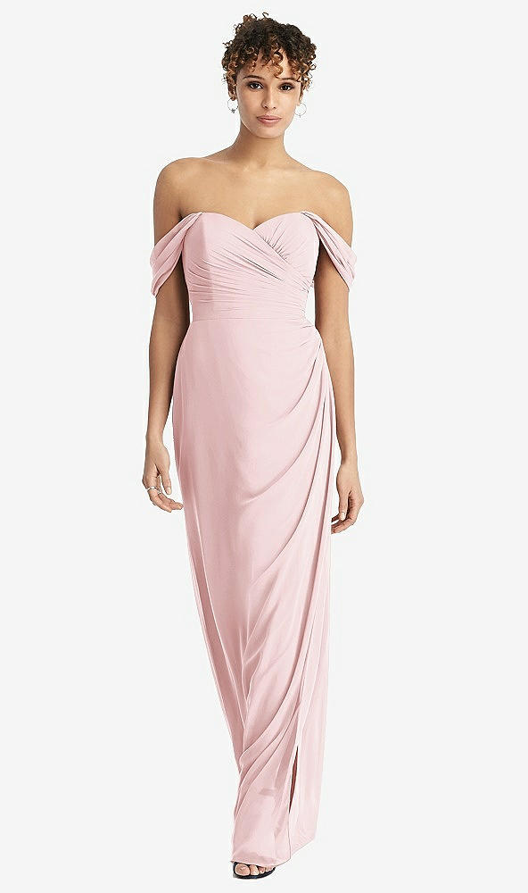 Front View - Ballet Pink Draped Off-the-Shoulder Maxi Dress with Shirred Streamer