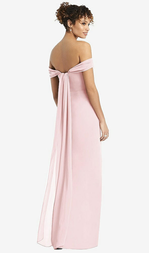 Back View - Ballet Pink Draped Off-the-Shoulder Maxi Dress with Shirred Streamer