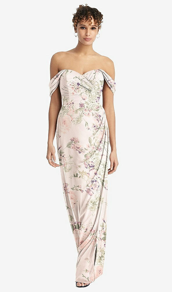 Front View - Blush Garden Draped Off-the-Shoulder Maxi Dress with Shirred Streamer
