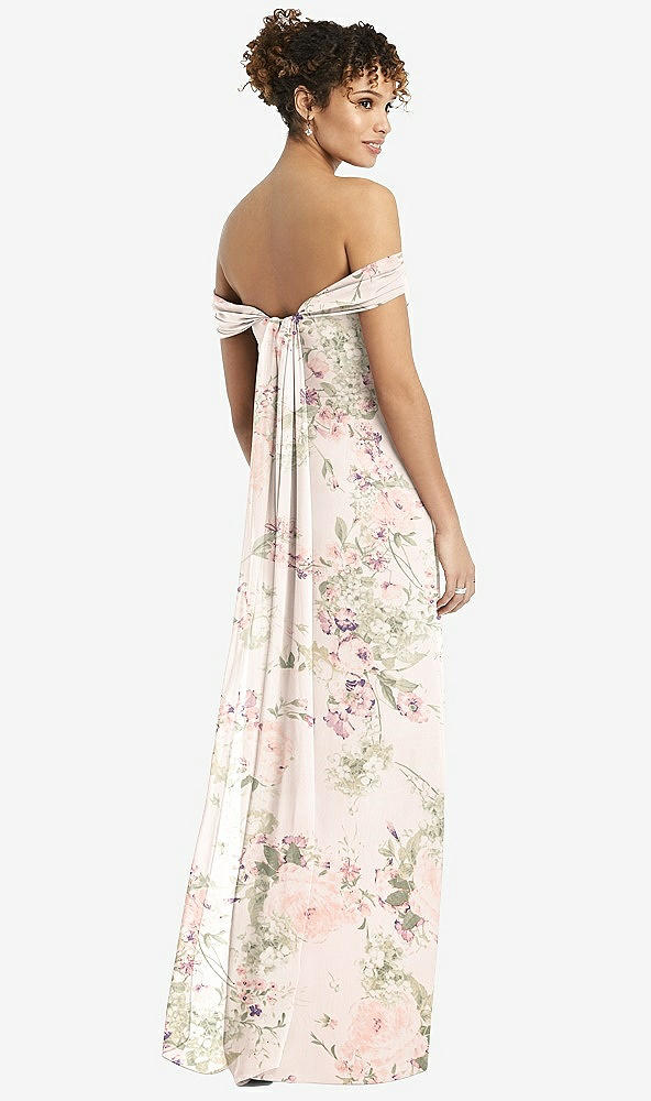 Back View - Blush Garden Draped Off-the-Shoulder Maxi Dress with Shirred Streamer