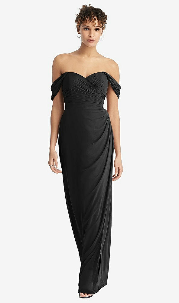 Front View - Black Draped Off-the-Shoulder Maxi Dress with Shirred Streamer