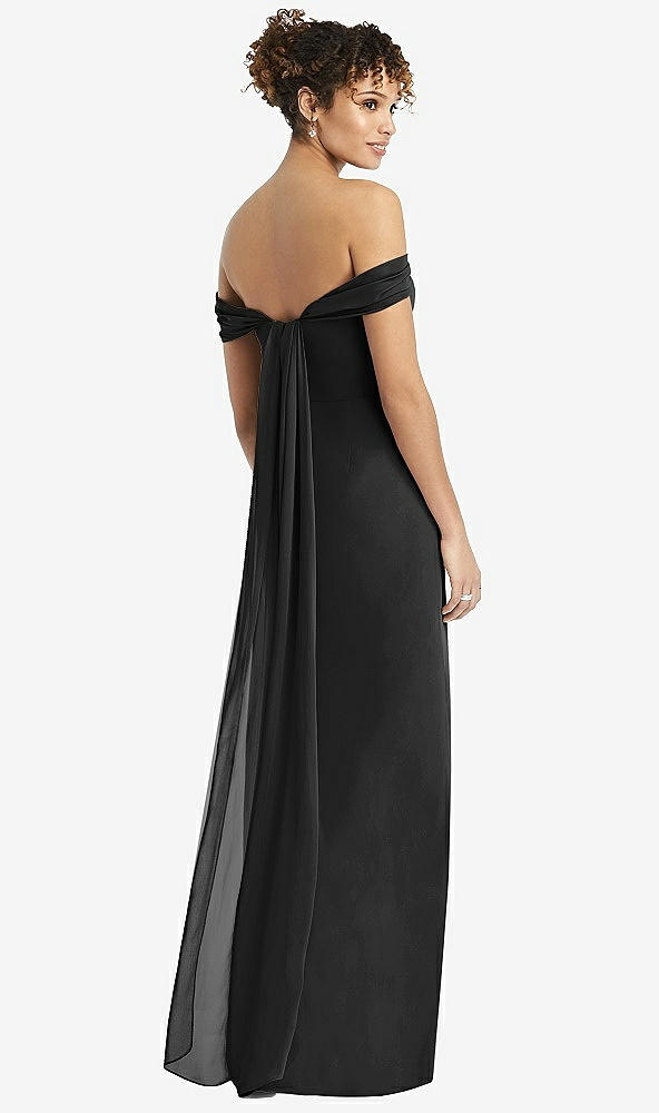Back View - Black Draped Off-the-Shoulder Maxi Dress with Shirred Streamer
