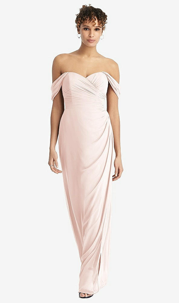 Front View - Blush Draped Off-the-Shoulder Maxi Dress with Shirred Streamer