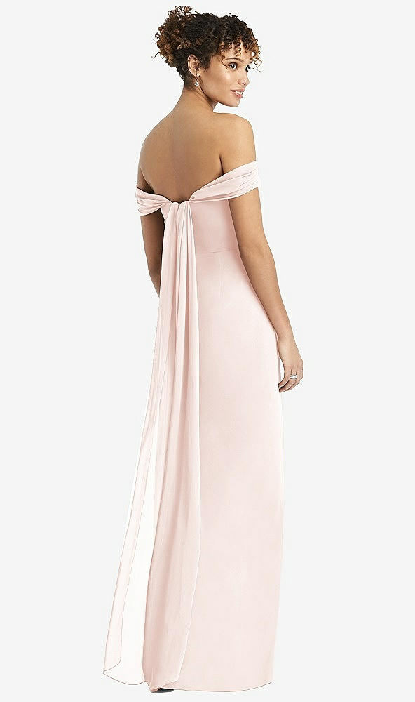 Back View - Blush Draped Off-the-Shoulder Maxi Dress with Shirred Streamer