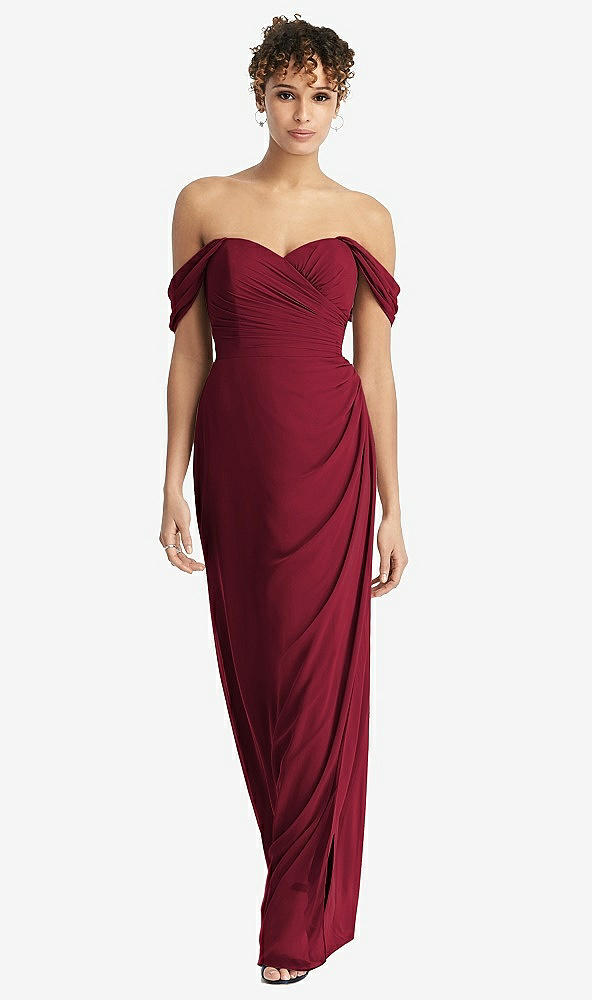 Front View - Burgundy Draped Off-the-Shoulder Maxi Dress with Shirred Streamer