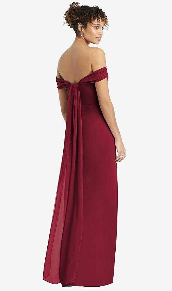 Back View - Burgundy Draped Off-the-Shoulder Maxi Dress with Shirred Streamer