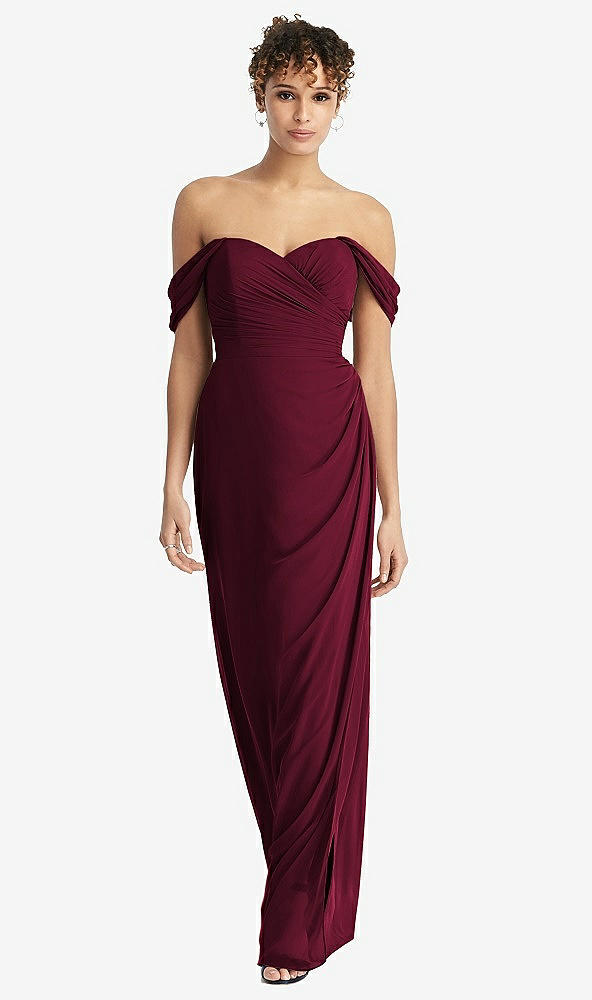 Front View - Cabernet Draped Off-the-Shoulder Maxi Dress with Shirred Streamer
