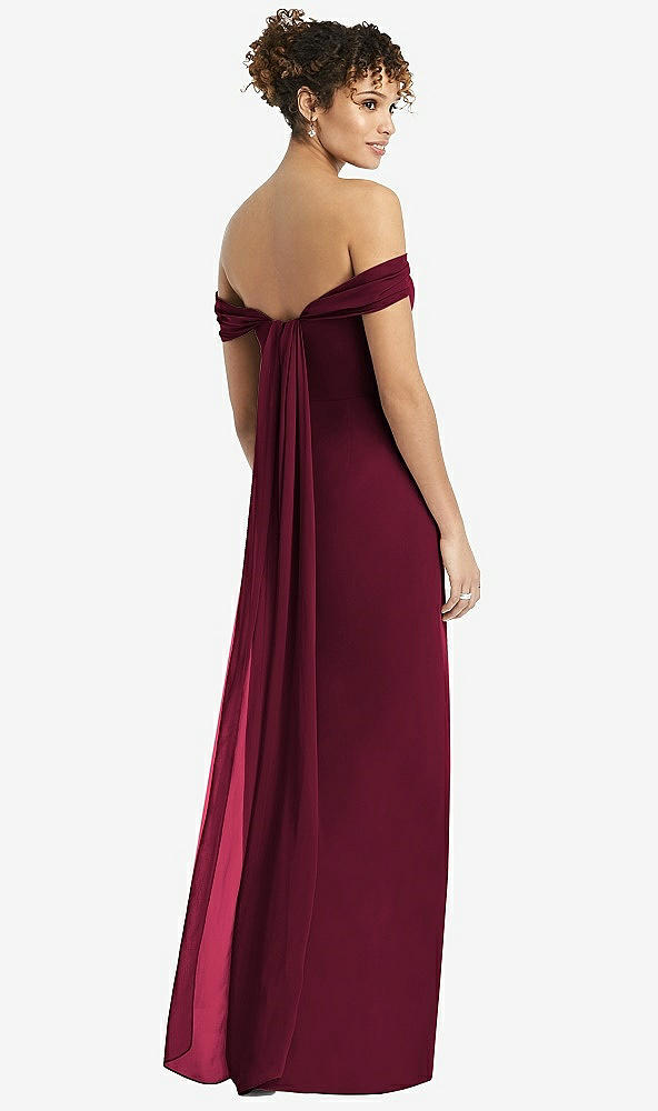 Back View - Cabernet Draped Off-the-Shoulder Maxi Dress with Shirred Streamer