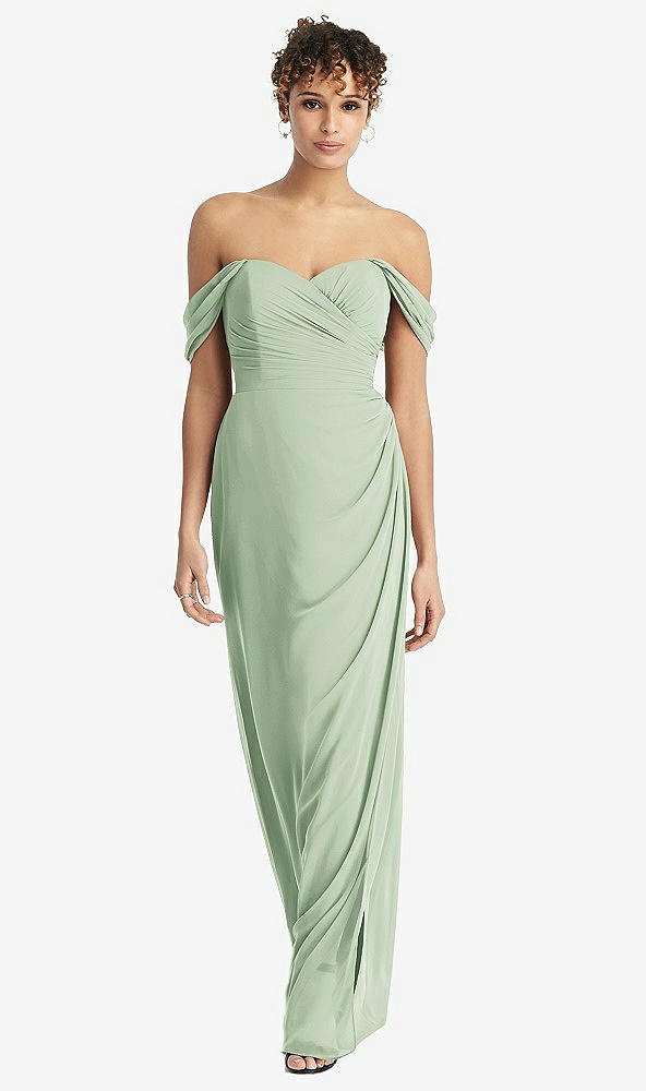 Front View - Celadon Draped Off-the-Shoulder Maxi Dress with Shirred Streamer
