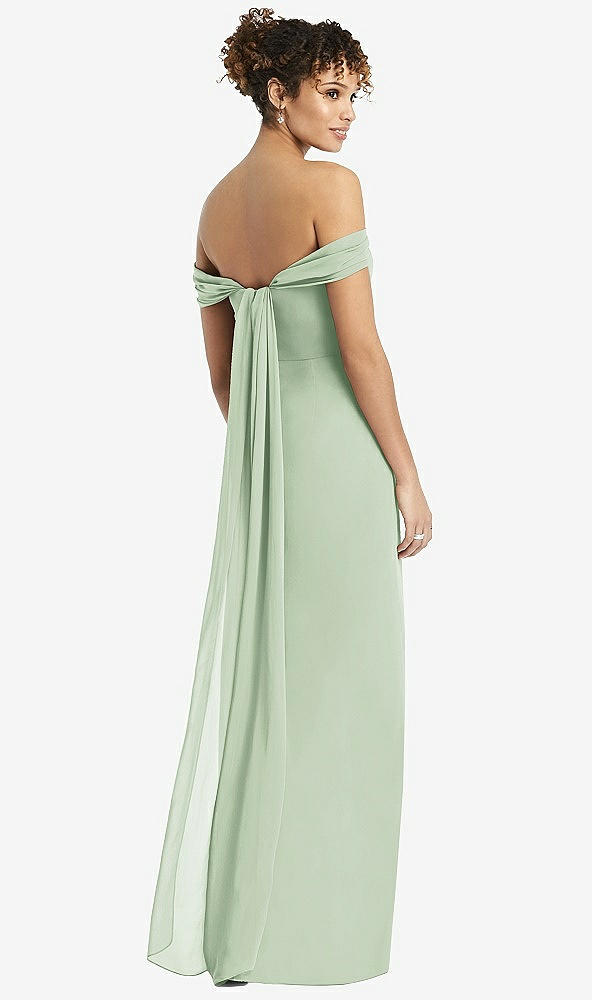 Back View - Celadon Draped Off-the-Shoulder Maxi Dress with Shirred Streamer