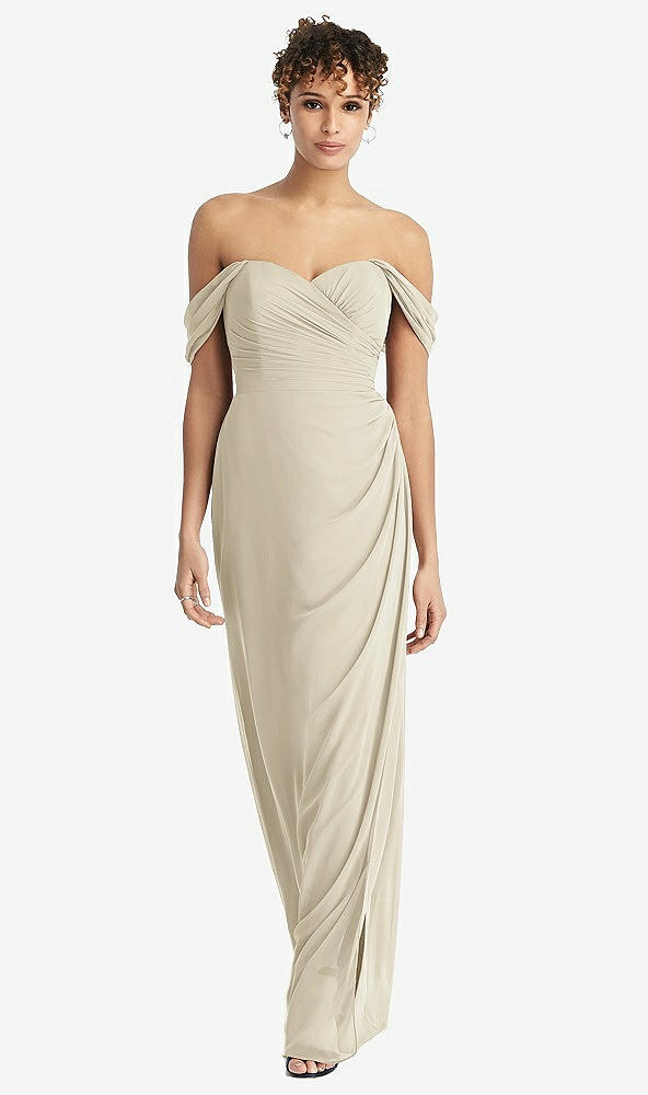 Front View - Champagne Draped Off-the-Shoulder Maxi Dress with Shirred Streamer