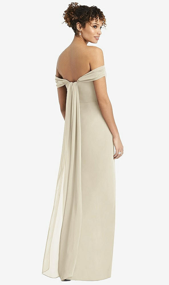 Back View - Champagne Draped Off-the-Shoulder Maxi Dress with Shirred Streamer