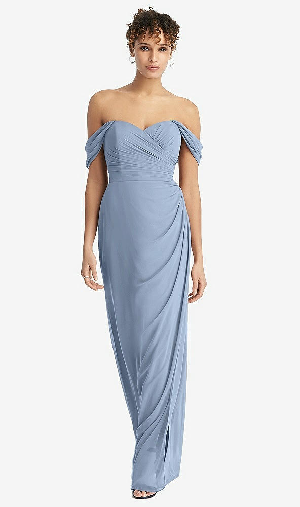 Front View - Cloudy Draped Off-the-Shoulder Maxi Dress with Shirred Streamer