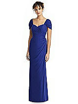 Alt View 1 Thumbnail - Cobalt Blue Draped Off-the-Shoulder Maxi Dress with Shirred Streamer