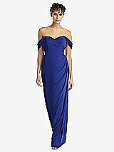 Front View Thumbnail - Cobalt Blue Draped Off-the-Shoulder Maxi Dress with Shirred Streamer