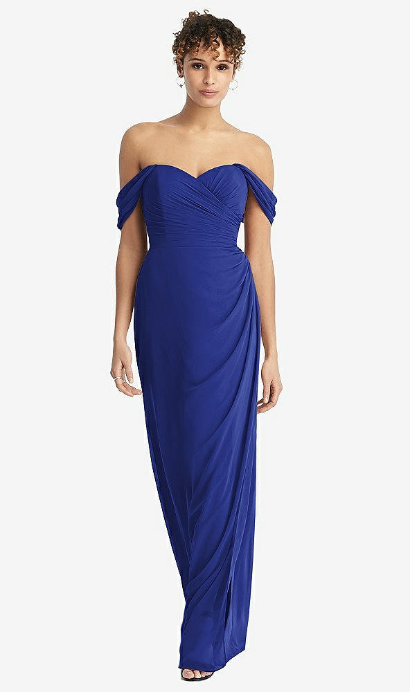 Front View - Cobalt Blue Draped Off-the-Shoulder Maxi Dress with Shirred Streamer