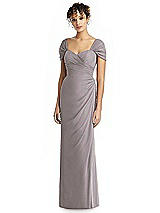 Alt View 1 Thumbnail - Cashmere Gray Draped Off-the-Shoulder Maxi Dress with Shirred Streamer