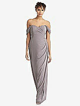 Front View Thumbnail - Cashmere Gray Draped Off-the-Shoulder Maxi Dress with Shirred Streamer