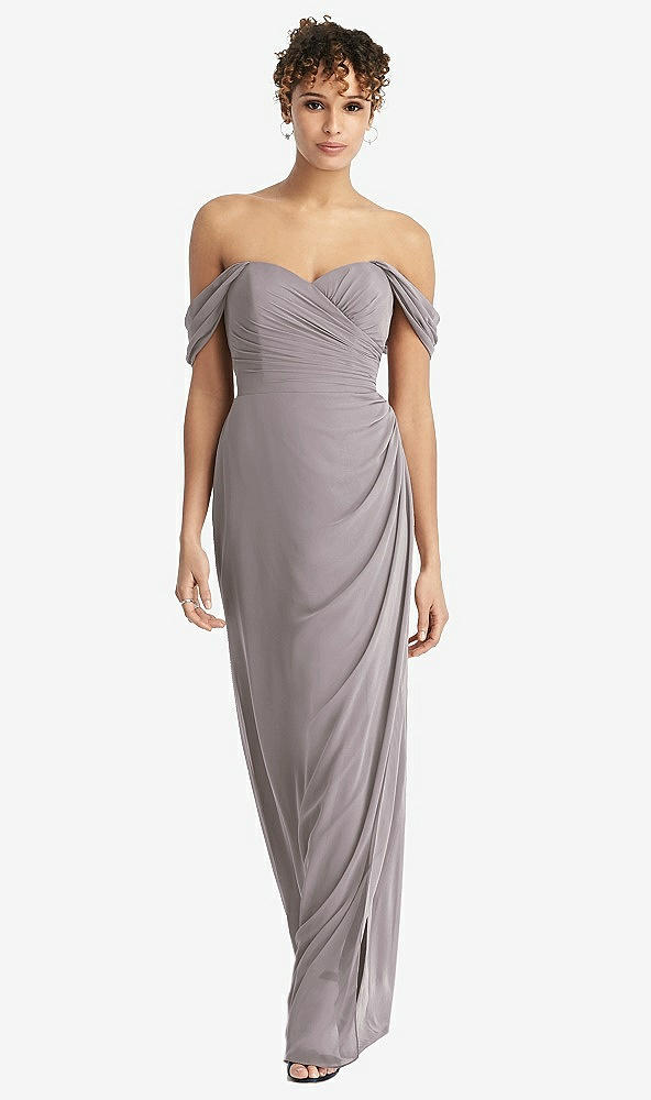 Front View - Cashmere Gray Draped Off-the-Shoulder Maxi Dress with Shirred Streamer