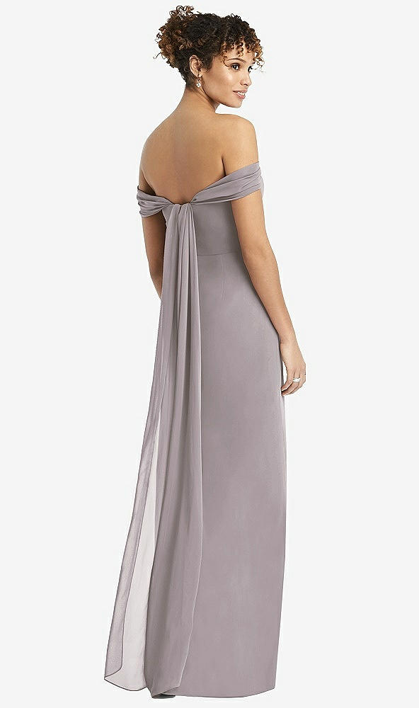 Back View - Cashmere Gray Draped Off-the-Shoulder Maxi Dress with Shirred Streamer