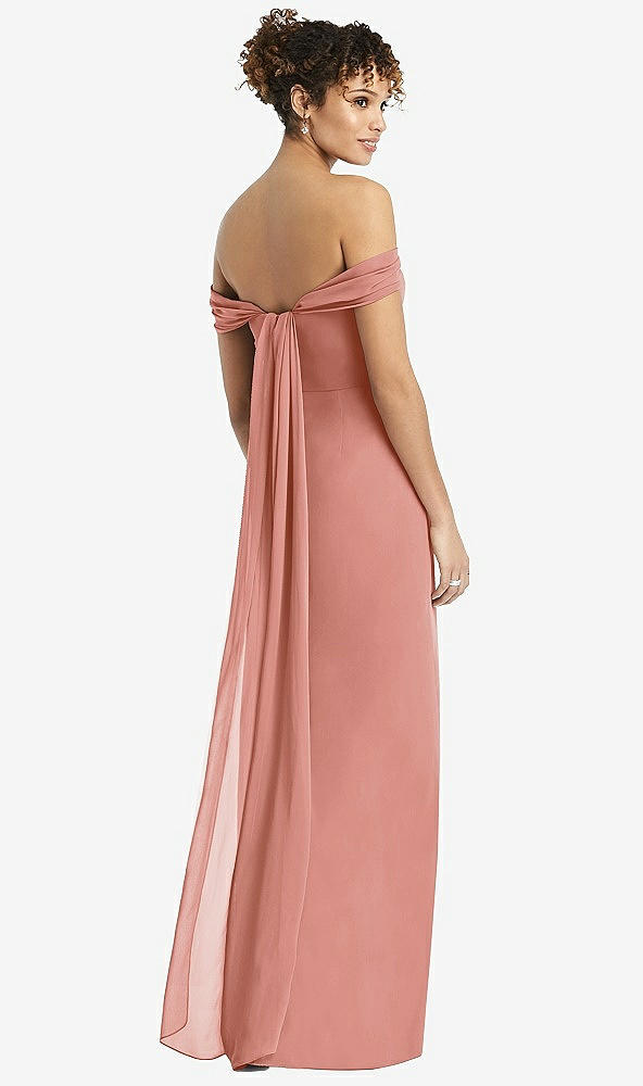 Back View - Desert Rose Draped Off-the-Shoulder Maxi Dress with Shirred Streamer