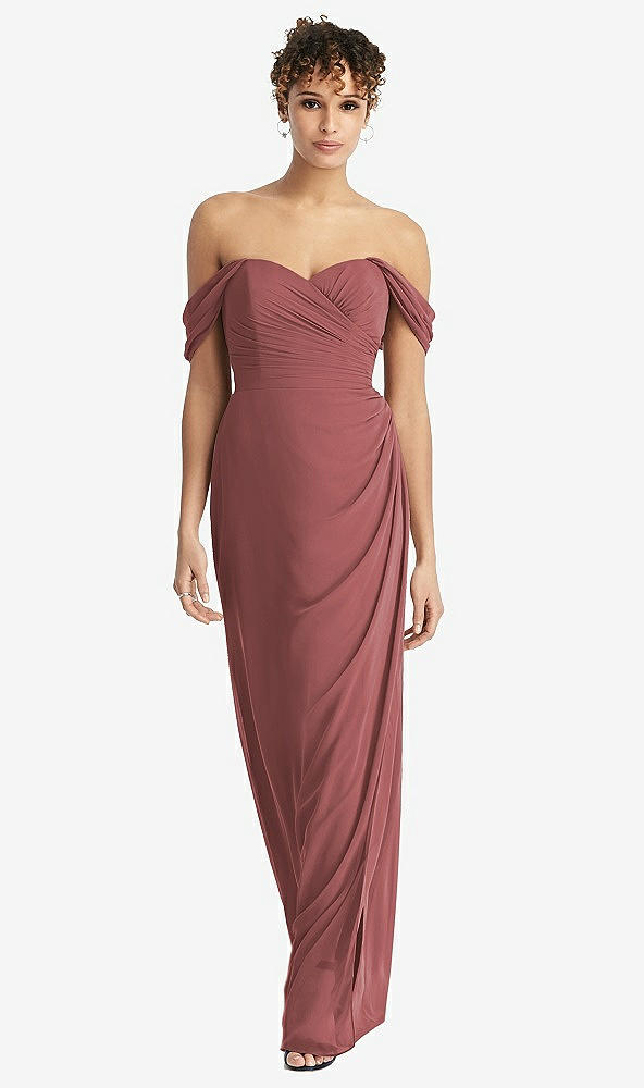 Front View - English Rose Draped Off-the-Shoulder Maxi Dress with Shirred Streamer