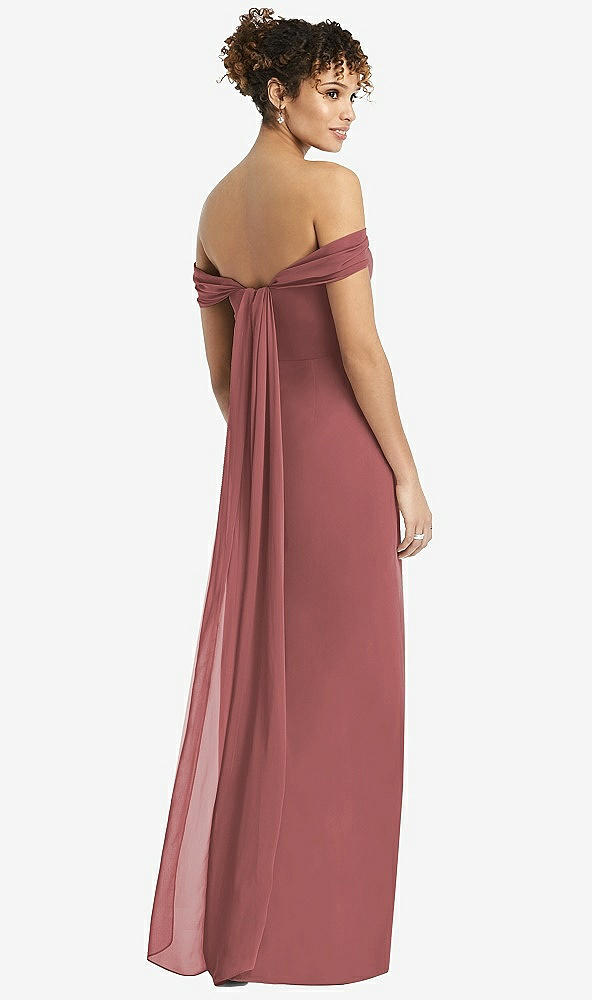 Back View - English Rose Draped Off-the-Shoulder Maxi Dress with Shirred Streamer