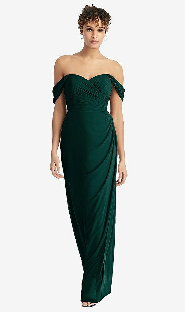 Front View - Evergreen Draped Off-the-Shoulder Maxi Dress with Shirred Streamer