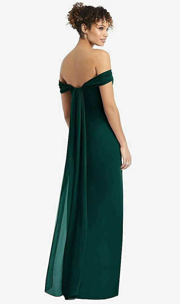 Back View - Evergreen Draped Off-the-Shoulder Maxi Dress with Shirred Streamer