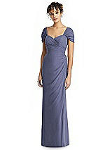 Alt View 1 Thumbnail - French Blue Draped Off-the-Shoulder Maxi Dress with Shirred Streamer
