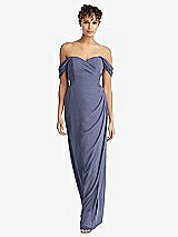 Front View Thumbnail - French Blue Draped Off-the-Shoulder Maxi Dress with Shirred Streamer