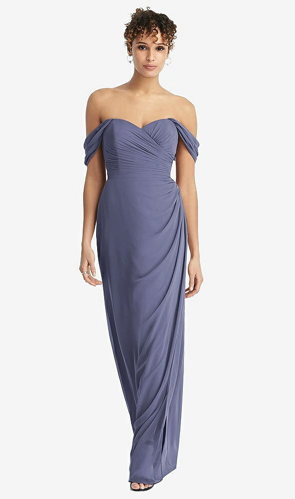 Front View - French Blue Draped Off-the-Shoulder Maxi Dress with Shirred Streamer